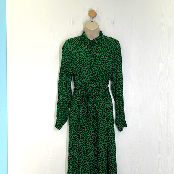 H&M - Clover Green Print Button Down Long Sleeve Maxi Short Dress Size XXS - Picture 3 of 12
